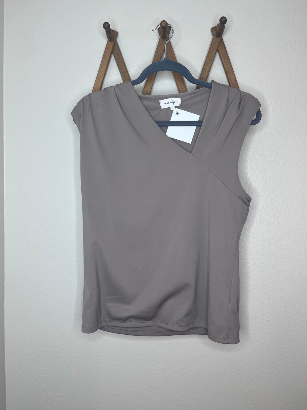 WISHLIST Taupe Grey Asymmetrical Neckline Sleeveless Top L